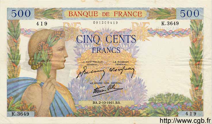 500 Francs LA PAIX FRANCIA  1941 F.32.22 q.SPL