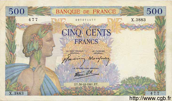 500 Francs LA PAIX FRANCE  1941 F.32.23 VF+