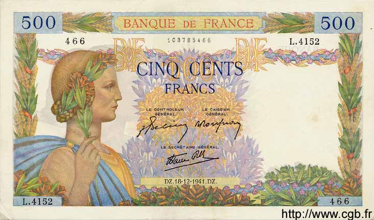 500 Francs LA PAIX FRANCE  1941 F.32.25 XF - AU