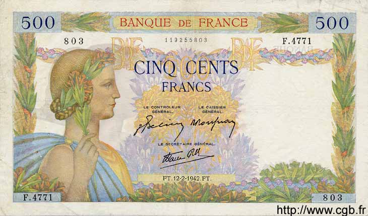 500 Francs LA PAIX FRANCE  1942 F.32.29 TB+