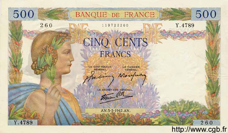 500 Francs LA PAIX FRANCIA  1942 F.32.30 EBC+