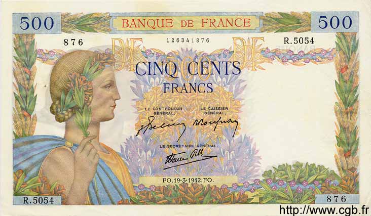 500 Francs LA PAIX FRANCE  1942 F.32.31 AU-