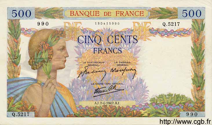 500 Francs LA PAIX FRANCIA  1942 F.32.33 q.SPL