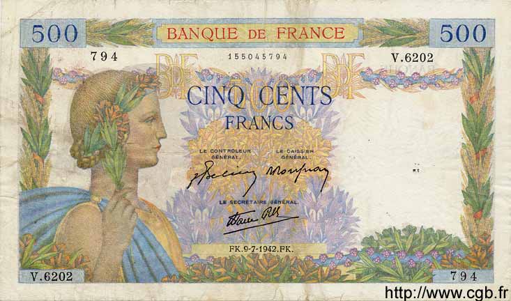 500 Francs LA PAIX FRANCIA  1942 F.32.36 BC a MBC