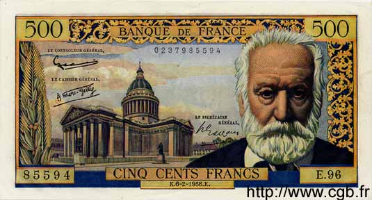 500 Francs VICTOR HUGO FRANCE  1958 F.35.08 pr.NEUF