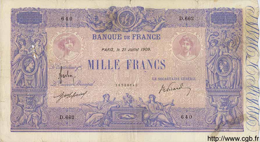 1000 Francs BLEU ET ROSE FRANKREICH  1909 F.36.23 S