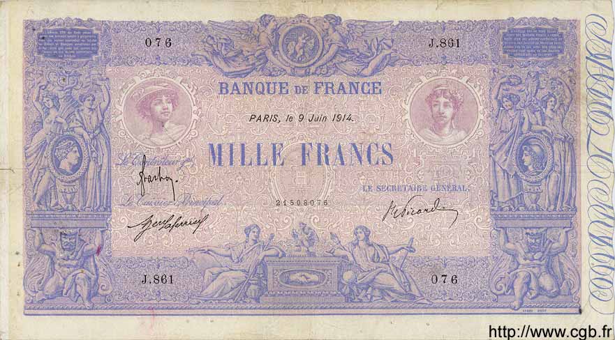 1000 Francs BLEU ET ROSE FRANCE  1914 F.36.28 F+