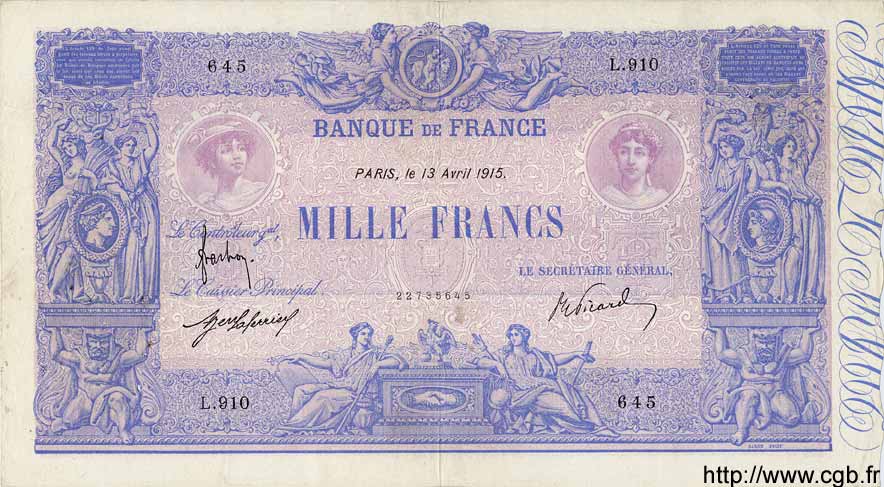 1000 Francs BLEU ET ROSE FRANKREICH  1915 F.36.29 fSS to SS