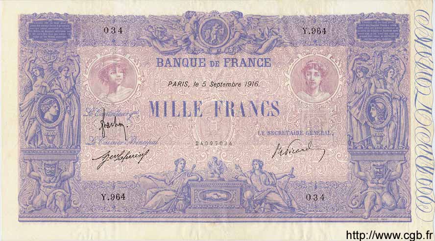 1000 Francs BLEU ET ROSE FRANCIA  1916 F.36.30 q.SPL