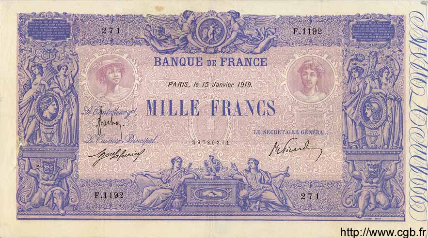 1000 Francs BLEU ET ROSE FRANCE  1919 F.36.33 VF+