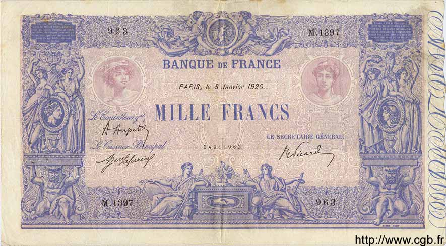 1000 Francs BLEU ET ROSE FRANCIA  1920 F.36.35 q.BB