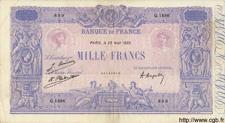 1000 Francs BLEU ET ROSE FRANCE  1923 F.36.39 TTB