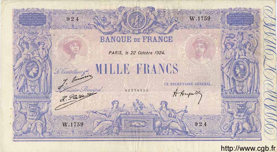 1000 Francs BLEU ET ROSE FRANCIA  1924 F.36.41 BC+