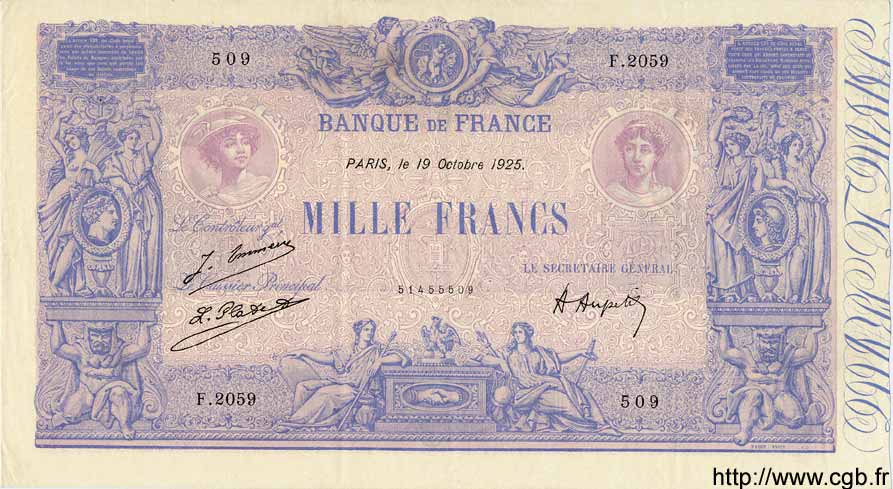 1000 Francs BLEU ET ROSE FRANCIA  1925 F.36.42 EBC+