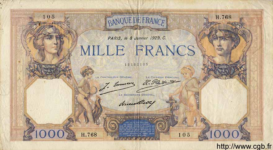 1000 Francs CÉRÈS ET MERCURE FRANCE  1929 F.37.03 VF
