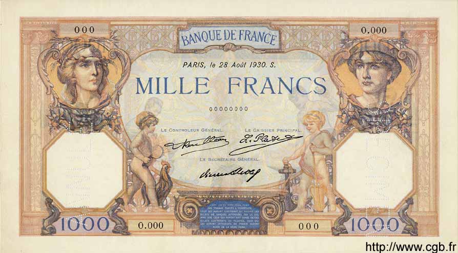 1000 Francs CÉRÈS ET MERCURE FRANCIA  1930 F.37.05Sp q.FDC