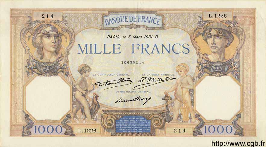 1000 Francs CÉRÈS ET MERCURE FRANKREICH  1931 F.37.06 fVZ to VZ
