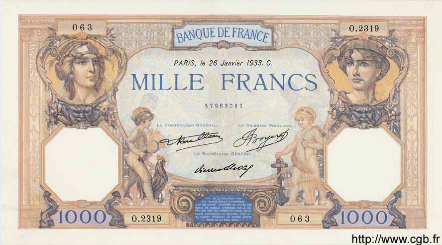 1000 Francs CÉRÈS ET MERCURE FRANCIA  1933 F.37.08 SPL+