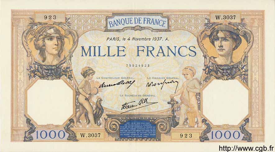 1000 Francs CÉRÈS ET MERCURE type modifié FRANCIA  1937 F.38.04 SPL