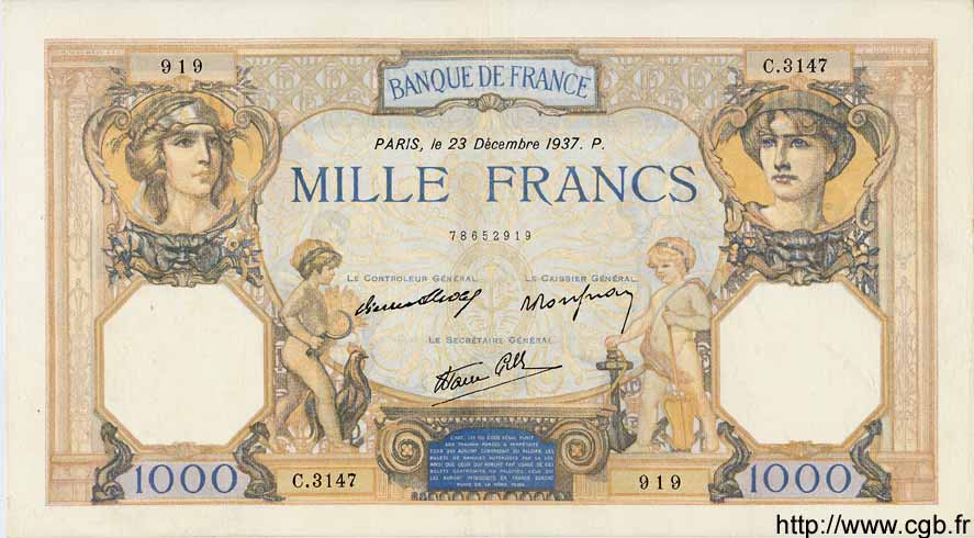 1000 Francs CÉRÈS ET MERCURE type modifié FRANCIA  1937 F.38.08 BB