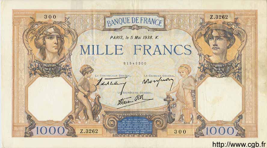 1000 Francs CÉRÈS ET MERCURE type modifié FRANCIA  1938 F.38.13 q.BB