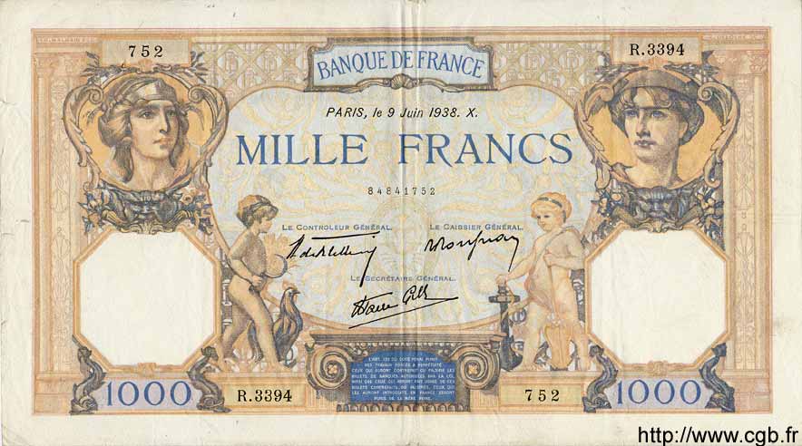 1000 Francs CÉRÈS ET MERCURE type modifié FRANCE  1938 F.38.18 VF