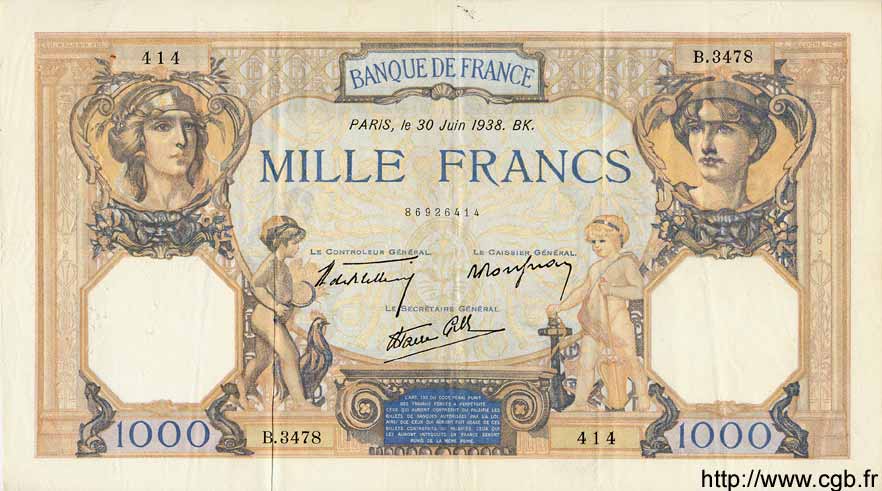 1000 Francs CÉRÈS ET MERCURE type modifié FRANCIA  1938 F.38.21 BB