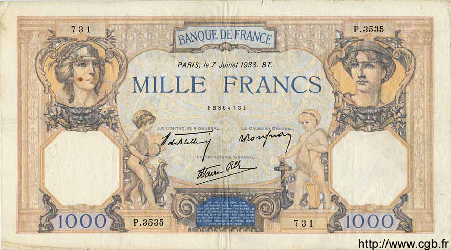 1000 Francs CÉRÈS ET MERCURE type modifié FRANCIA  1938 F.38.22 BC+