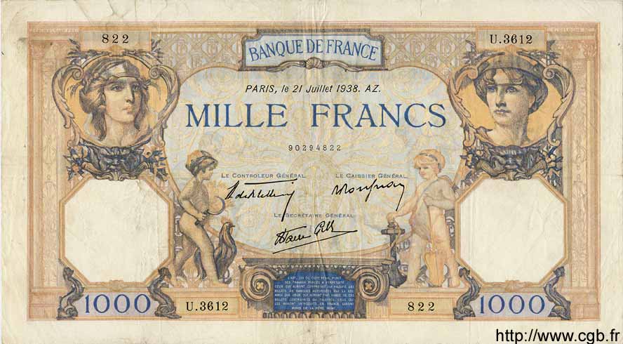 1000 Francs CÉRÈS ET MERCURE type modifié FRANKREICH  1938 F.38.23 SS