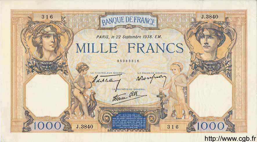 1000 Francs CÉRÈS ET MERCURE type modifié FRANCE  1938 F.38.27 XF-