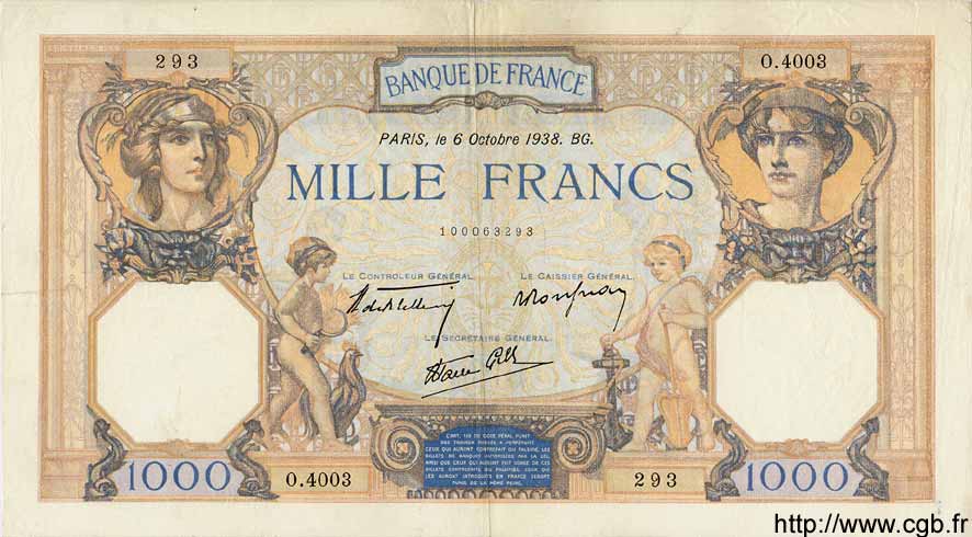 1000 Francs CÉRÈS ET MERCURE type modifié FRANCE  1938 F.38.28 TTB+