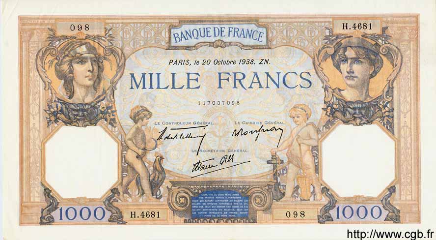 1000 Francs CÉRÈS ET MERCURE type modifié FRANCE  1938 F.38.30 VF+