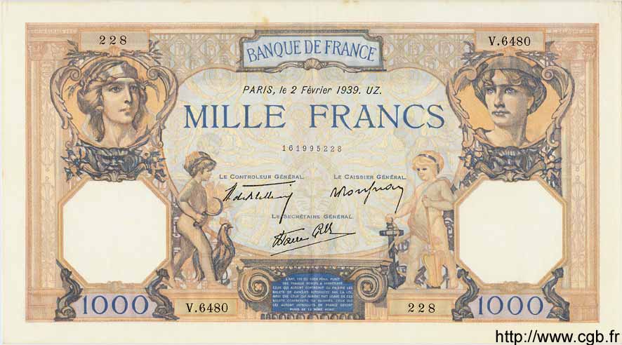 1000 Francs CÉRÈS ET MERCURE type modifié FRANKREICH  1939 F.38.34 fST