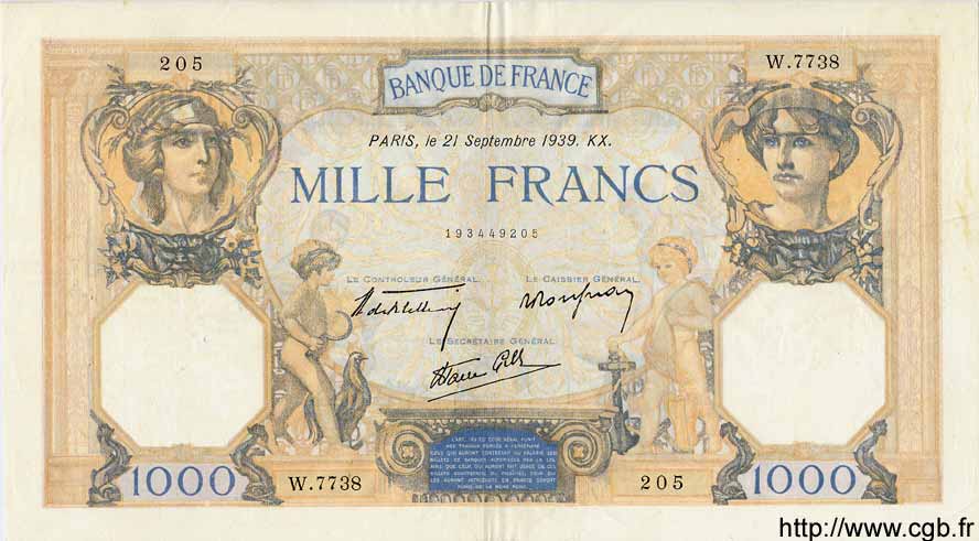 1000 Francs CÉRÈS ET MERCURE type modifié FRANCE  1939 F.38.37 VF+