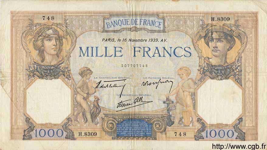 1000 Francs CÉRÈS ET MERCURE type modifié FRANCE  1939 F.38.39 F+