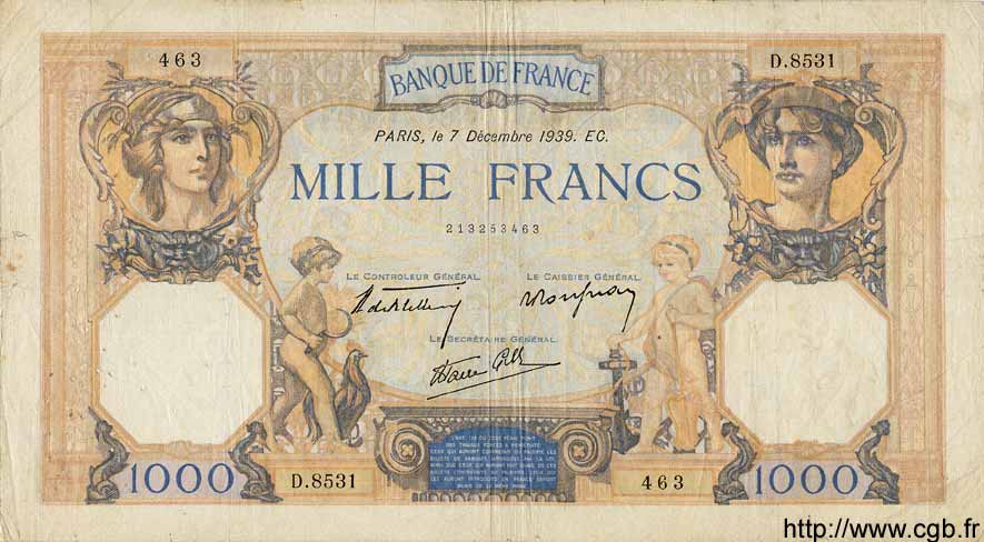 1000 Francs CÉRÈS ET MERCURE type modifié FRANKREICH  1939 F.38.40 S