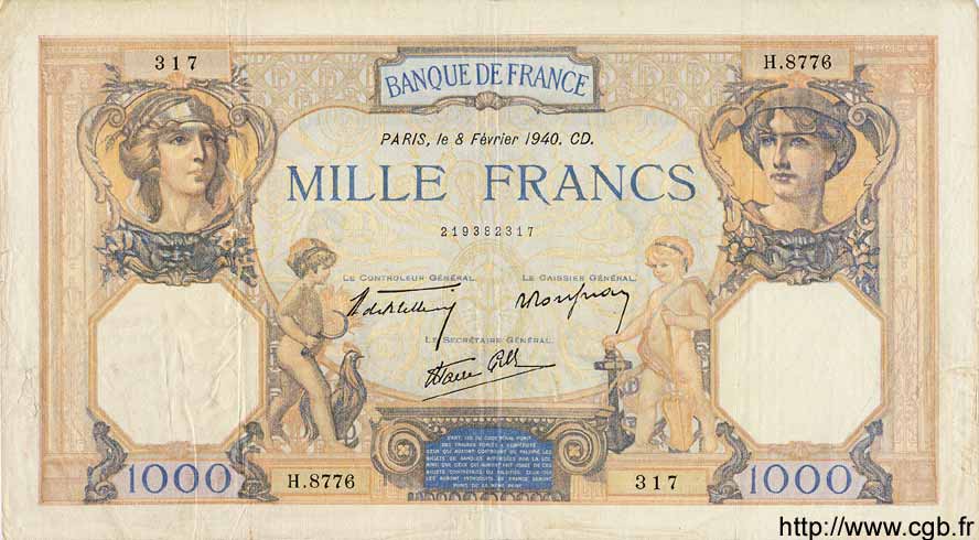 1000 Francs CÉRÈS ET MERCURE type modifié FRANCIA  1940 F.38.42 BB