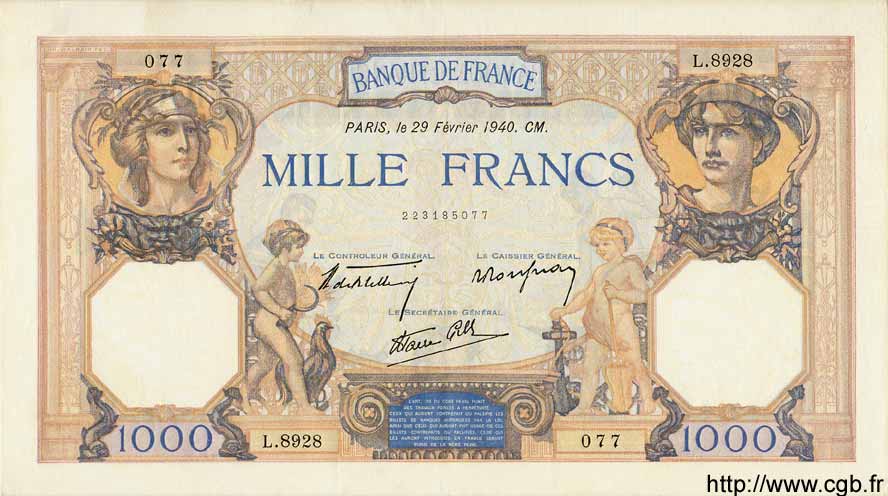 1000 Francs CÉRÈS ET MERCURE type modifié FRANCE  1940 F.38.43 SPL+