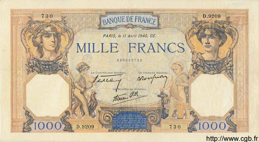 1000 Francs CÉRÈS ET MERCURE type modifié FRANKREICH  1940 F.38.45 VZ