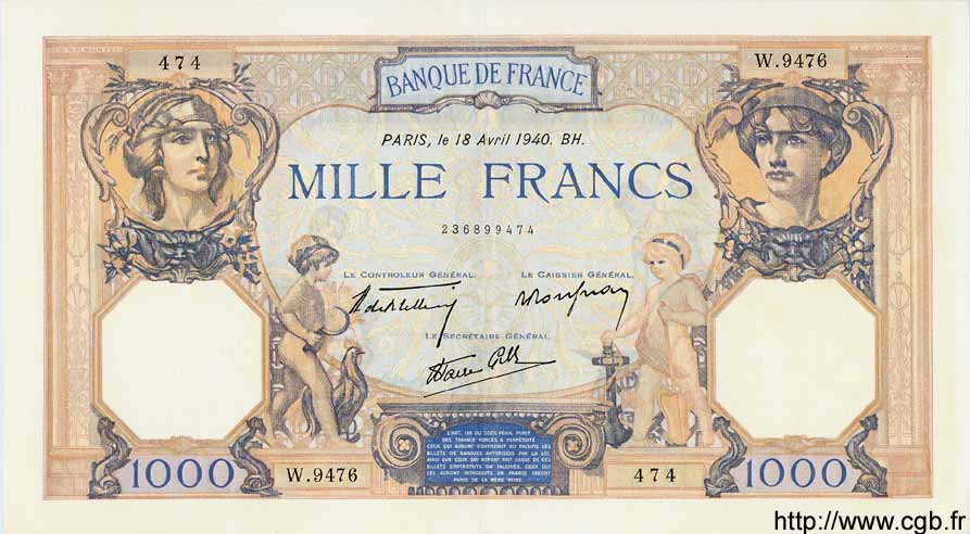 1000 Francs CÉRÈS ET MERCURE type modifié FRANCIA  1940 F.38.46 SC+