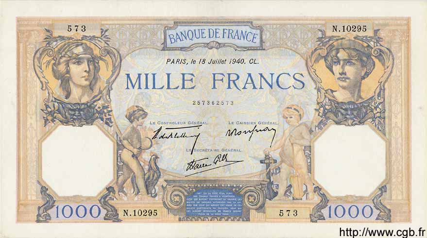 1000 Francs CÉRÈS ET MERCURE type modifié FRANCIA  1940 F.38.50 SPL