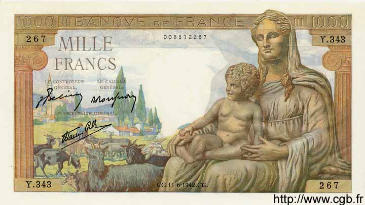 1000 Francs DÉESSE DÉMÉTER FRANCE  1942 F.40.02 UNC-