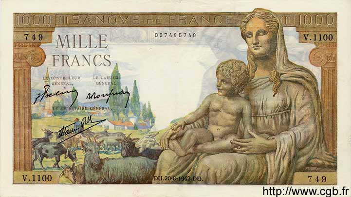 1000 Francs DÉESSE DÉMÉTER FRANCIA  1942 F.40.05 EBC