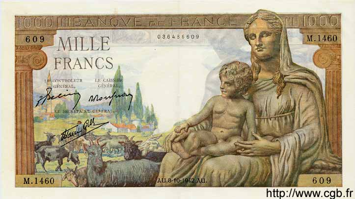 1000 Francs DÉESSE DÉMÉTER FRANCE  1942 F.40.08 XF+