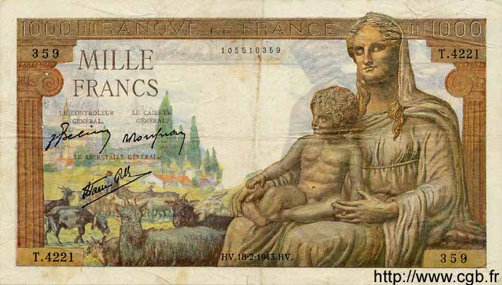 1000 Francs DÉESSE DÉMÉTER FRANCIA  1943 F.40.19 BC+