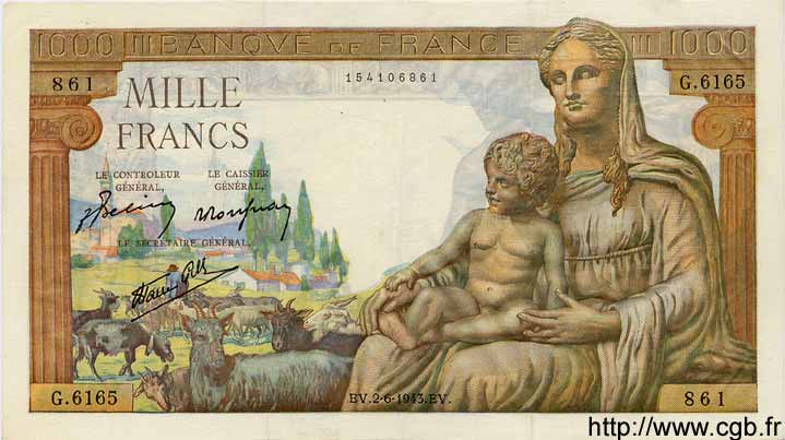 1000 Francs DÉESSE DÉMÉTER FRANCIA  1943 F.40.26 BB
