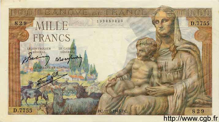 1000 Francs DÉESSE DÉMÉTER FRANCE  1943 F.40.33 VF - XF