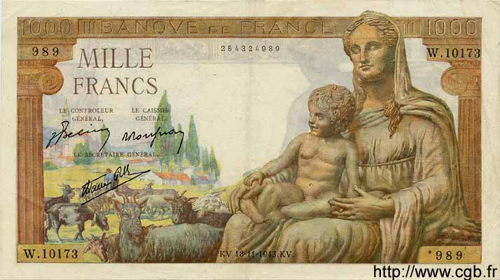 1000 Francs DÉESSE DÉMÉTER FRANKREICH  1943 F.40.40 fVZ to VZ