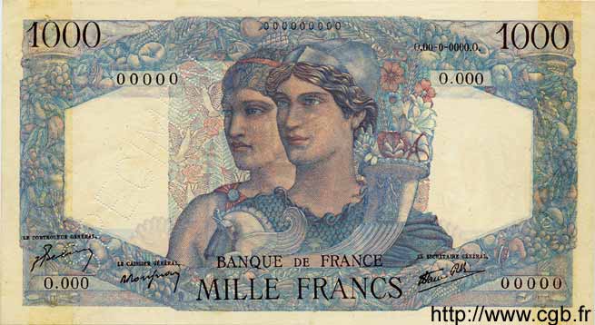 1000 Francs MINERVE ET HERCULE FRANCE  1945 F.41.01Sp2 XF