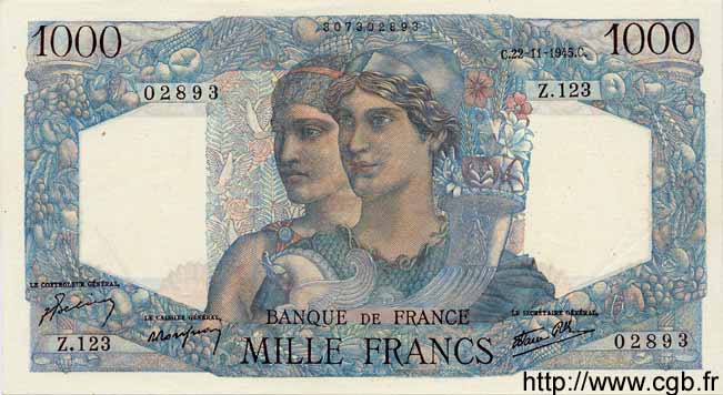 1000 Francs MINERVE ET HERCULE FRANCIA  1945 F.41.08 AU+